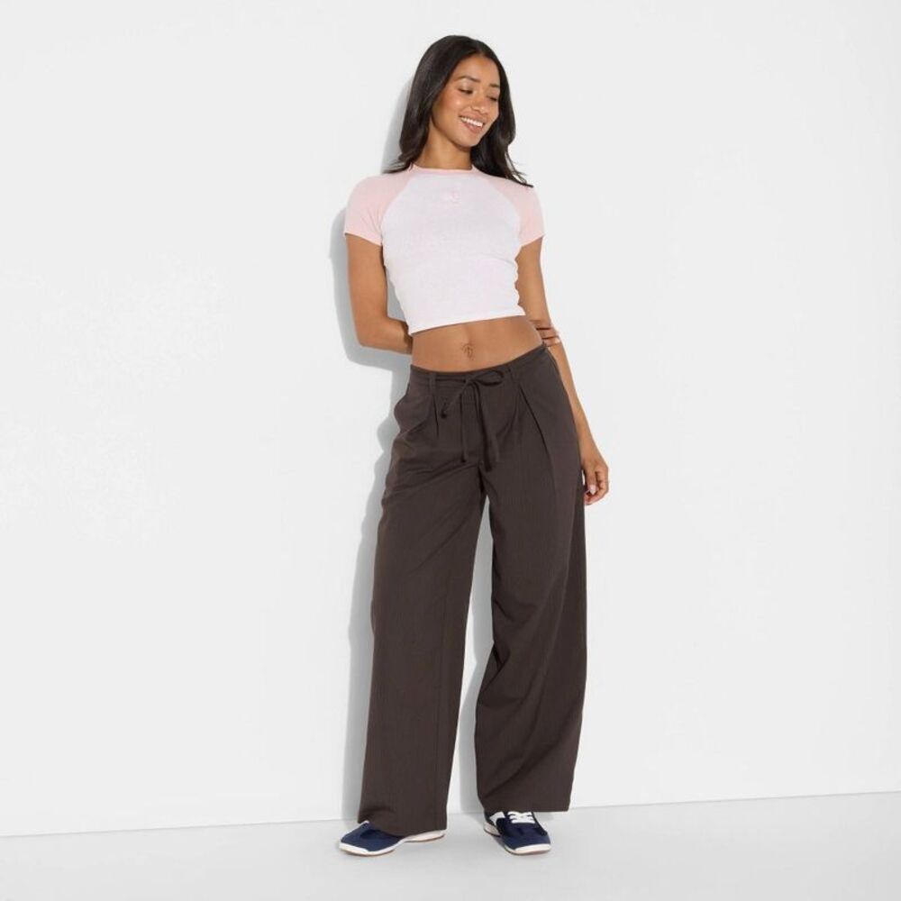 Women's Mid-Rise Waist Tie Slouchy Wide Leg Trousers - Dark Brown Striped XS